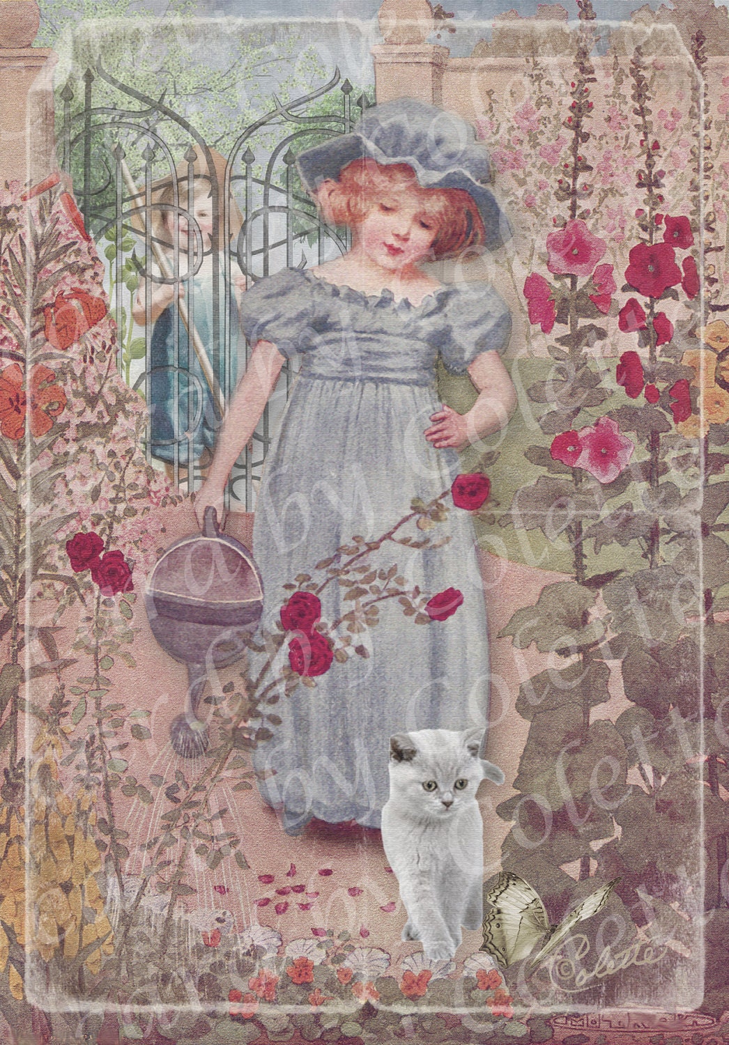 Watering the Hollyhocks Digital Collage Greeting Card