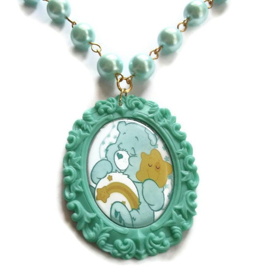 Kawaii Care Bears Necklace, Aqua Green Beaded Cameo