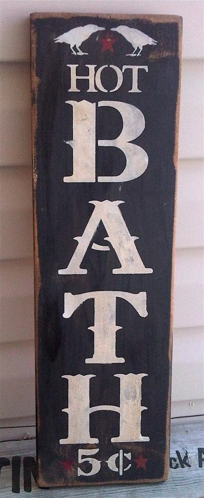 BATH folk art and primitive distressed sign for home with CROWS RAVENS