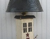 Primitive Saltbox House Lamp with Tin Punched Lamp Shade Rustic in Antique White