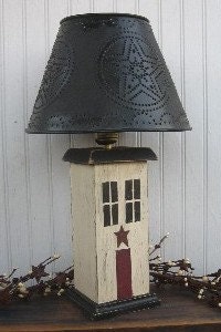 Primitive Saltbox House Lamp with Tin Punched Lamp Shade Rustic in Antique White