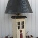 Primitive Saltbox House Lamp with Tin Punched Lamp Shade Rustic in Antique White