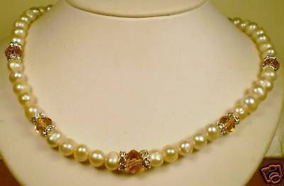 Vintage Necklace 70's Glass Pearl Crystal Bead Rondelle Rhinestone