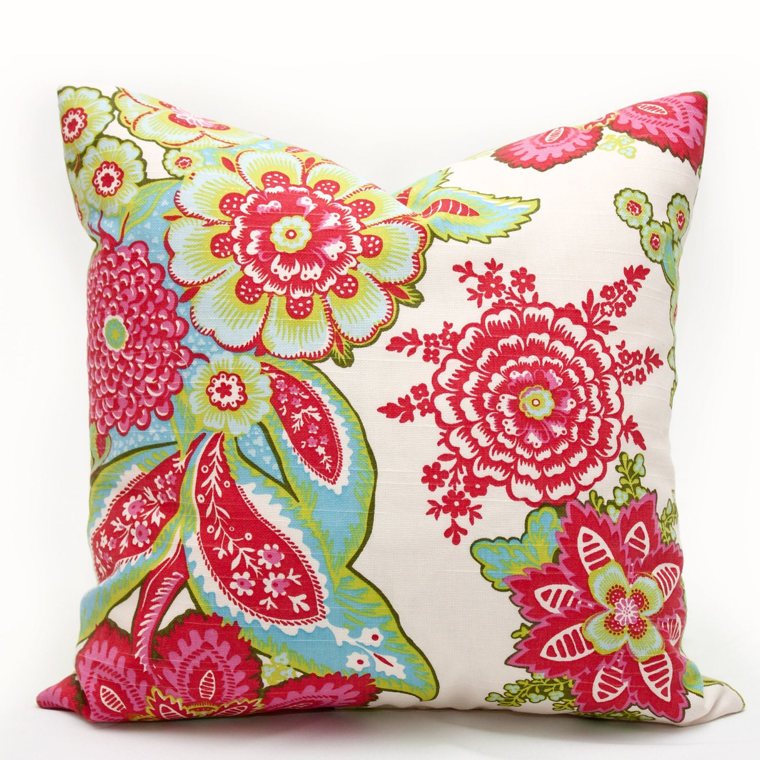 SALE - Shalani Designer Decorative Pillow Cover 17 inch - green pink festive spring young fresh vibrant unexpected floral pillow cover