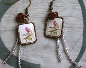 Rectangle Pink Bird Earrings