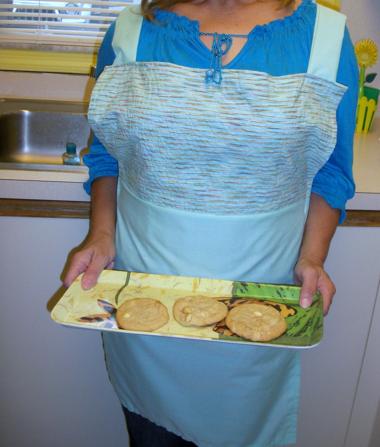 Blue Striped and Mint Blue Green Full Apron S/M