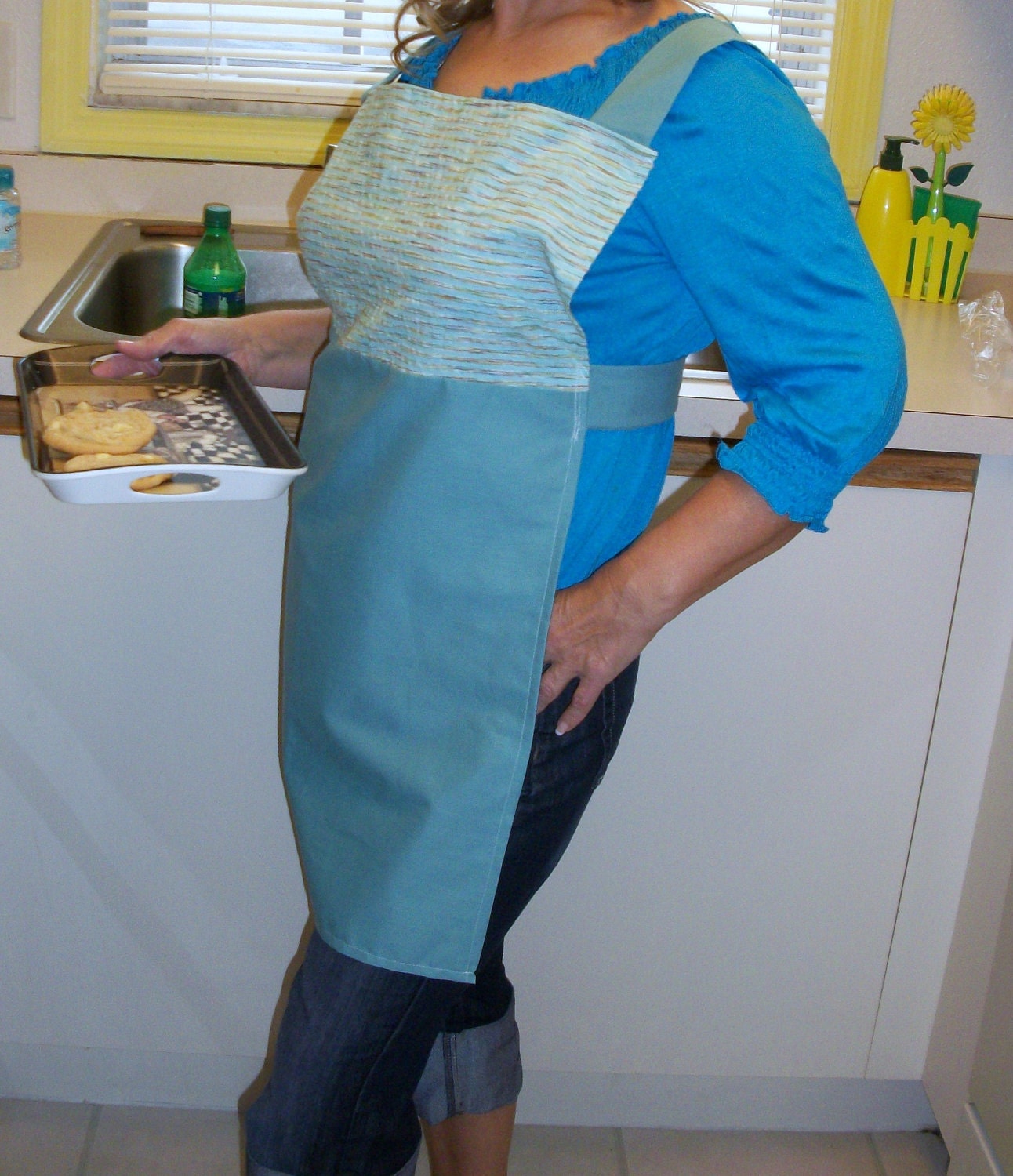 Blue Striped and teal blue Full Apron S/M