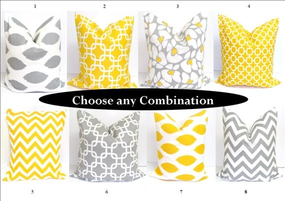 Decorative Pillows Sets.20x20 inch.Pillow Covers.Printed Fabric Front and Back.Yellow and Gray Coordinating Pillows