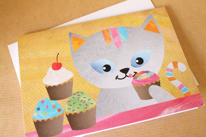A6 blank greeting card - Cat eating cupcakes