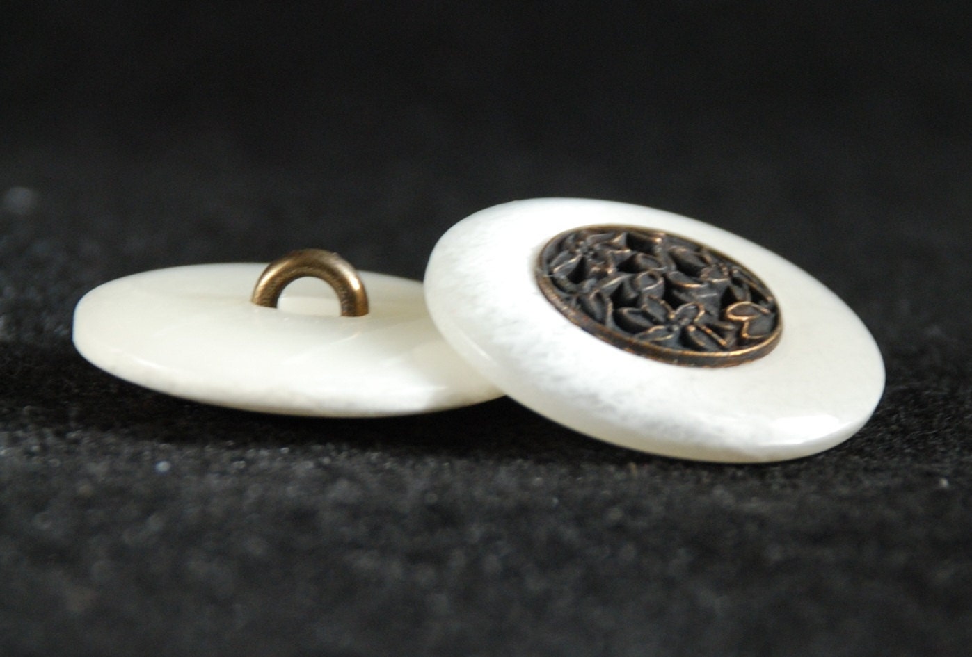 8 Large White Vintage Shank buttons with metal inset - SALE