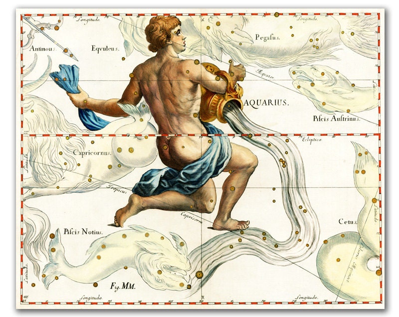 Zodiac Sign Aquarius Constellation, vintage celestial map printed on parchment paper, Nursery art, Nursery room decor. Buy 3 and get 1 FREE