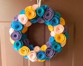 Easter Wreath - Spring Wreath - Bright Felt Flower Wreath with Pink, Purple, Gold, Blue, and Teal Roses - 14 Inch
