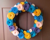 Spring Wreath - Summer Wreath - Bright Felt Flower Wreath - 18 Inch in Gold, Baby Pink, Neon Blue, Peacock, and Violet Sky
