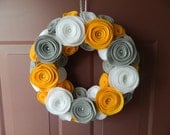 Gray, Yellow and White Wreath - Spring and Summer Felt Flower Wreath - 16 Inch Wreath with Pearls in the Centers of the Large Flowers