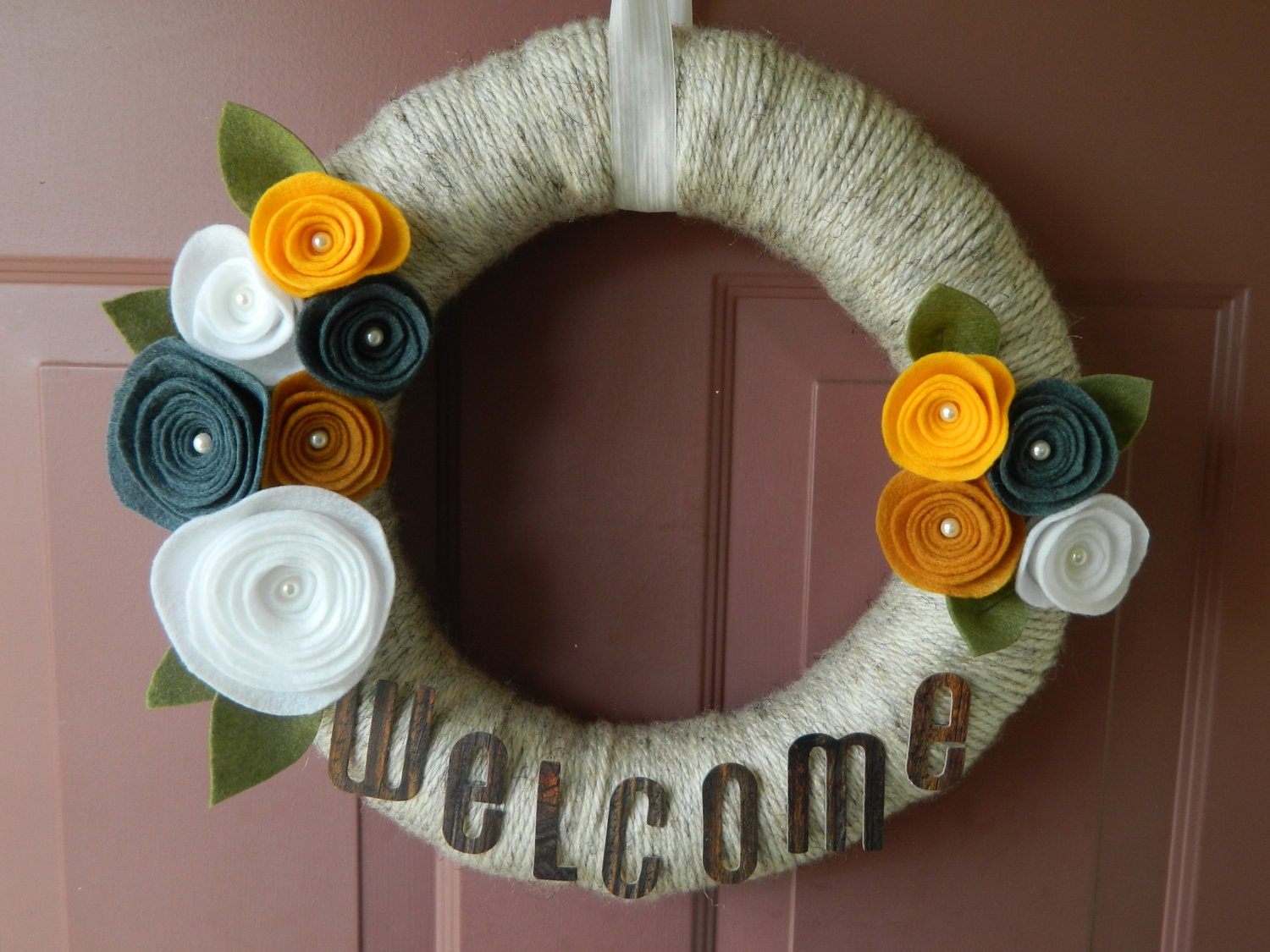 Spring Wreath - Welcome Sign - Summer Wreath - 18 Inch Yarn Wrapped Wreath with Felt Flowers, Pearls and Leaves