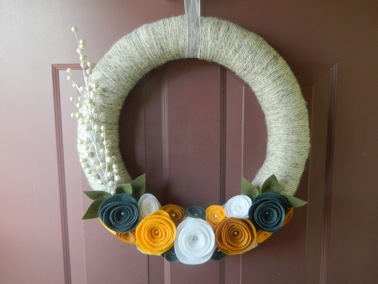 Spring Wreath - Summer Wreath - Year Round Wreath - Wheat Yarn Wrapped Wreath with Pearls, Berries, and Felt Flowers and Leaves