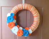 Orange and Blue - Yarn Wrapped Wreath in White, Orange and Crystal Blue - 16 Inch
