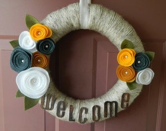 Spring Wreath - Welcome Sign - Summer Wreath - 18 Inch Yarn Wrapped Wreath with Felt Flowers, Pearls and Leaves