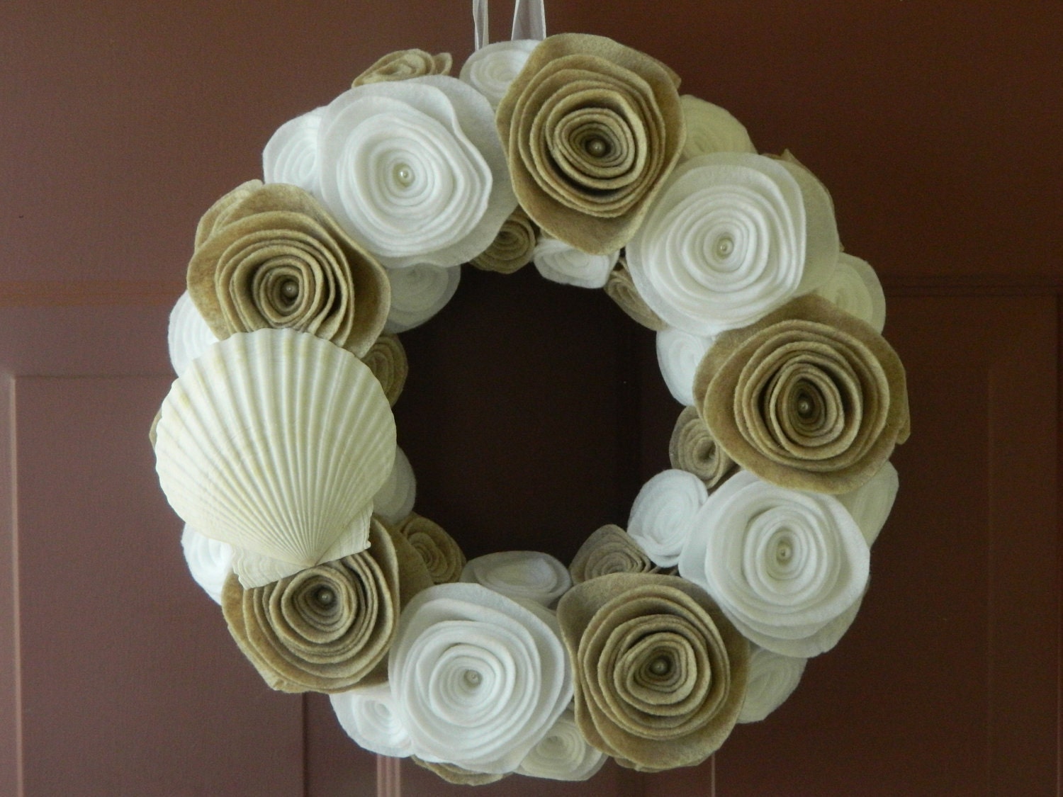 Summer Wreath - Beach Wreath - Shell Wreath - 12 Inch Felt Flower Wreath with Sandstone and White Flowers, Pearls, and a Sea Shell