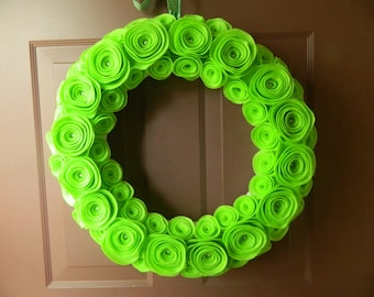 Neon Wreath -Summer Wreath - Bright Felt Flower Wreath in Neon Green with Pearls in the Center of the Large Flowers