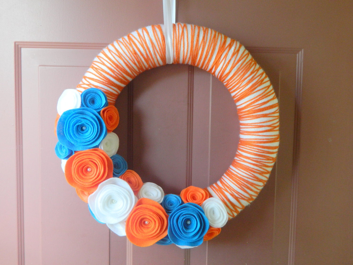 Orange and Blue - Yarn Wrapped Wreath in White, Orange and Crystal Blue - 16 Inch