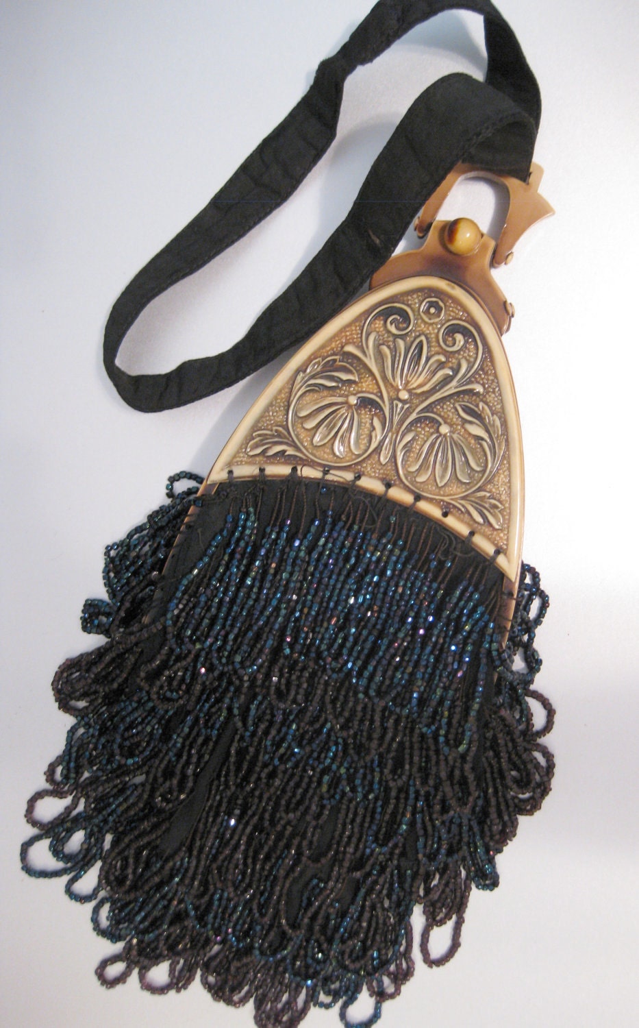 Black Art Nouveau Purse Decorative Floral Clasp Wristlet Handbag Black Irridescent Hand Beaded Handbag