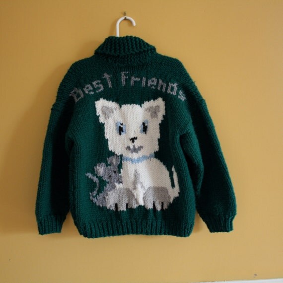 Vintage handknit kitty cat and mouse zip up sweater-children size 6-8