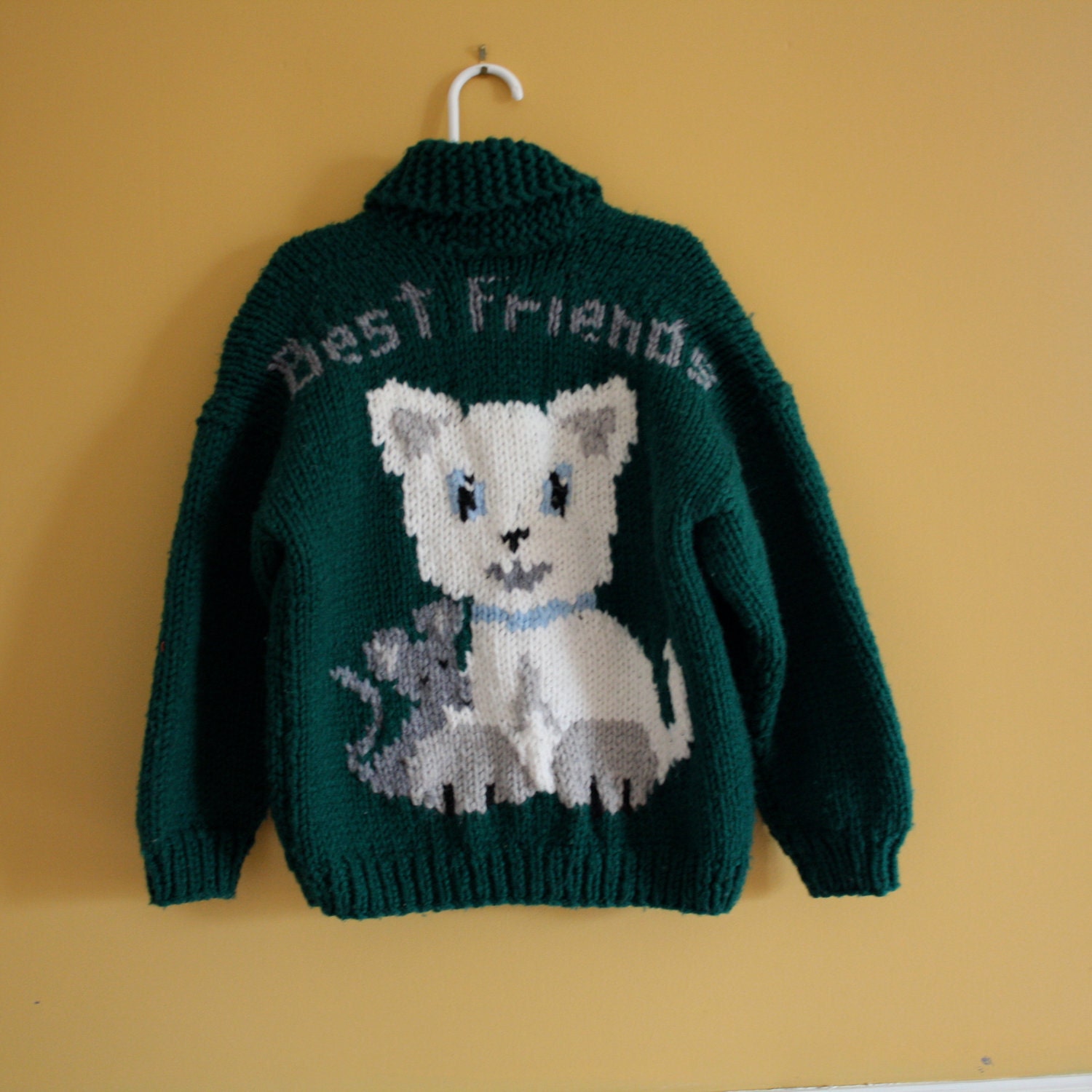 Vintage handknit kitty cat and mouse zip up sweater-children size 6-8