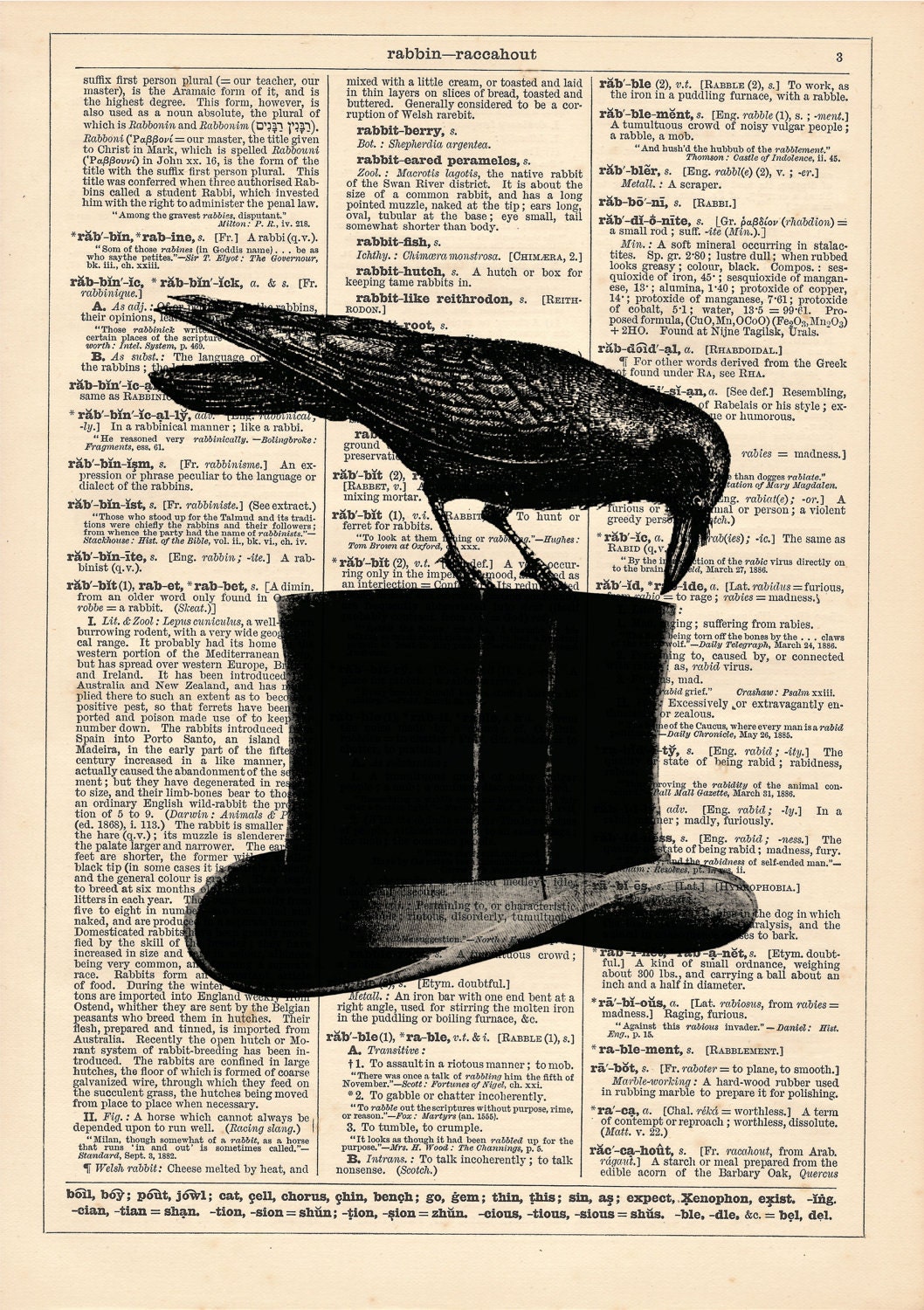 Raven on a Top Hat, Book Page, Shabby Chic Wall Art, Vintage Art Print, Upcycled Book Page Art. BUY 3 get 1 Free