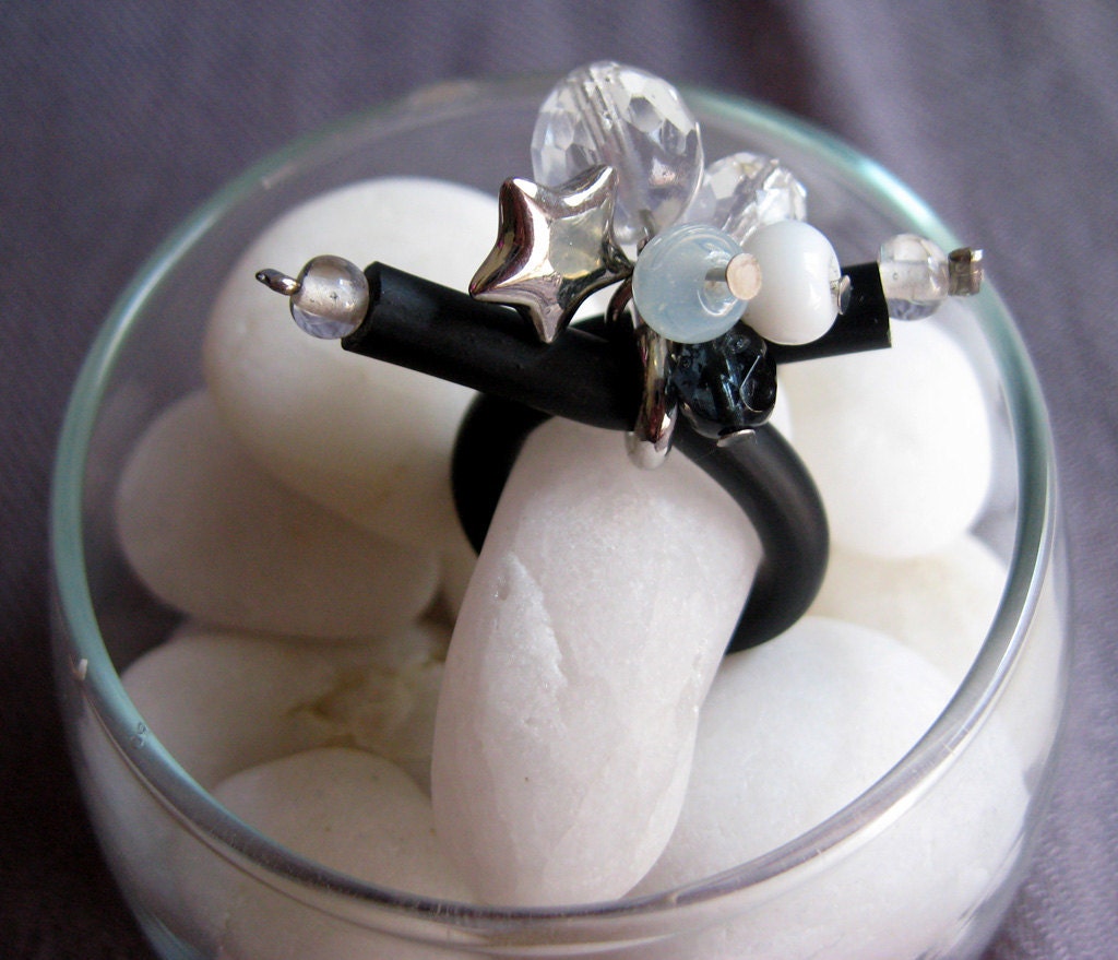 Adjustable Rhinestone and Glass Beaded Charm Ring