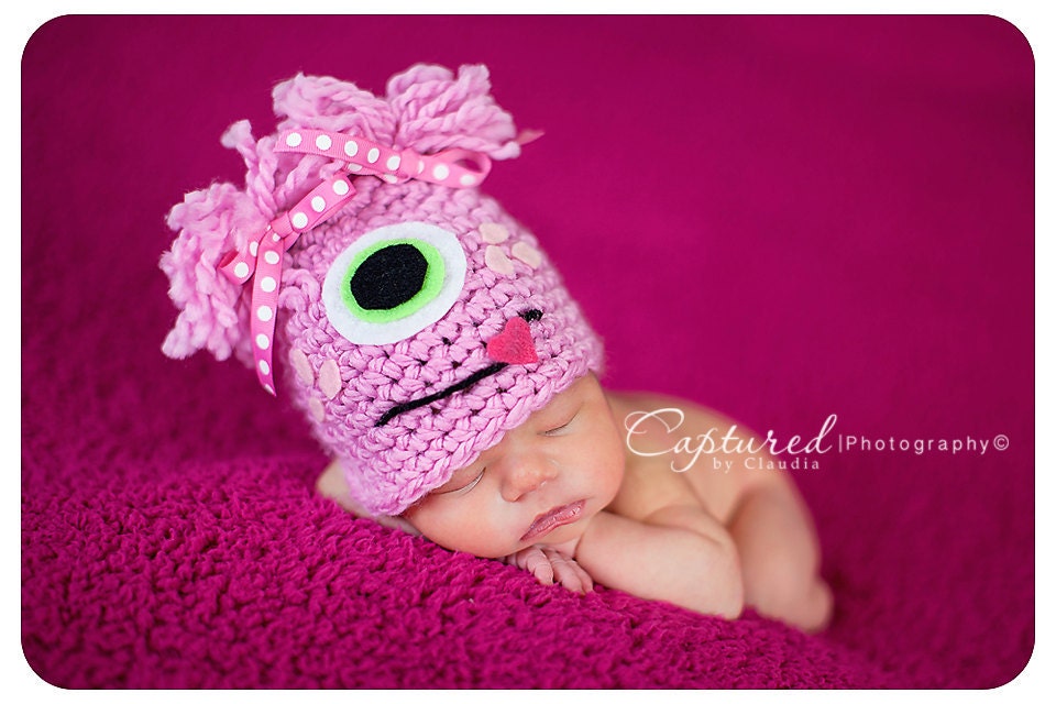 Baby Girl or Boy Hat PINK MONSTER Newborn Baby Boy / Girl Crochet Hat  More Colors Available 0-3 & 3-6 Months Too