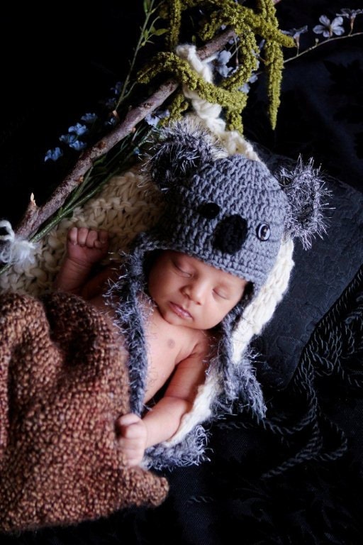 RESREVED for Bobbie 3- 6 months Baby Crochet Koala Hat With Ear Flaps FREE SHIPPING