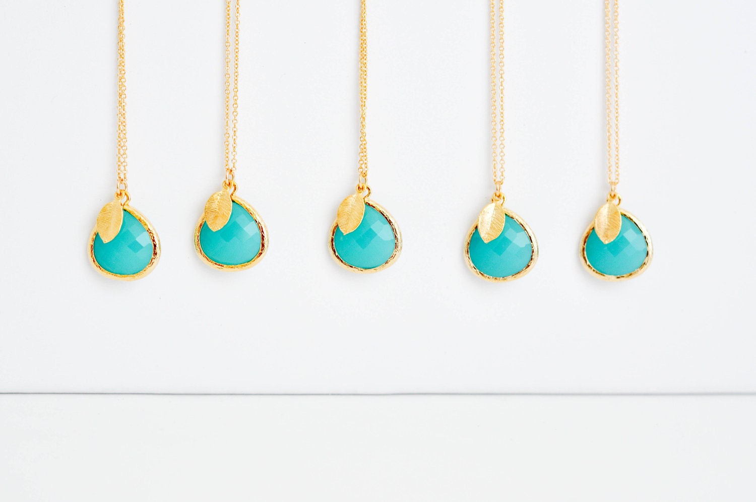 Fiji--Aquamarine Pendant with a Gold Leaf, Simple Gold Necklace, Bridesmaids Gifts, Wedding gifts, Mother's Day Gifts