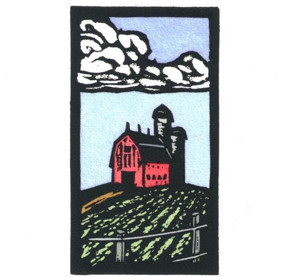 Original Linocut of Barn By Ken Swanson