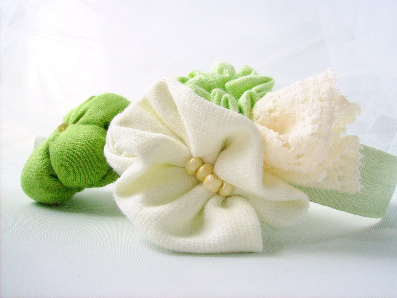 Baby headband fabric flower matching green white girl newborn baby child - handmade - ready to ship