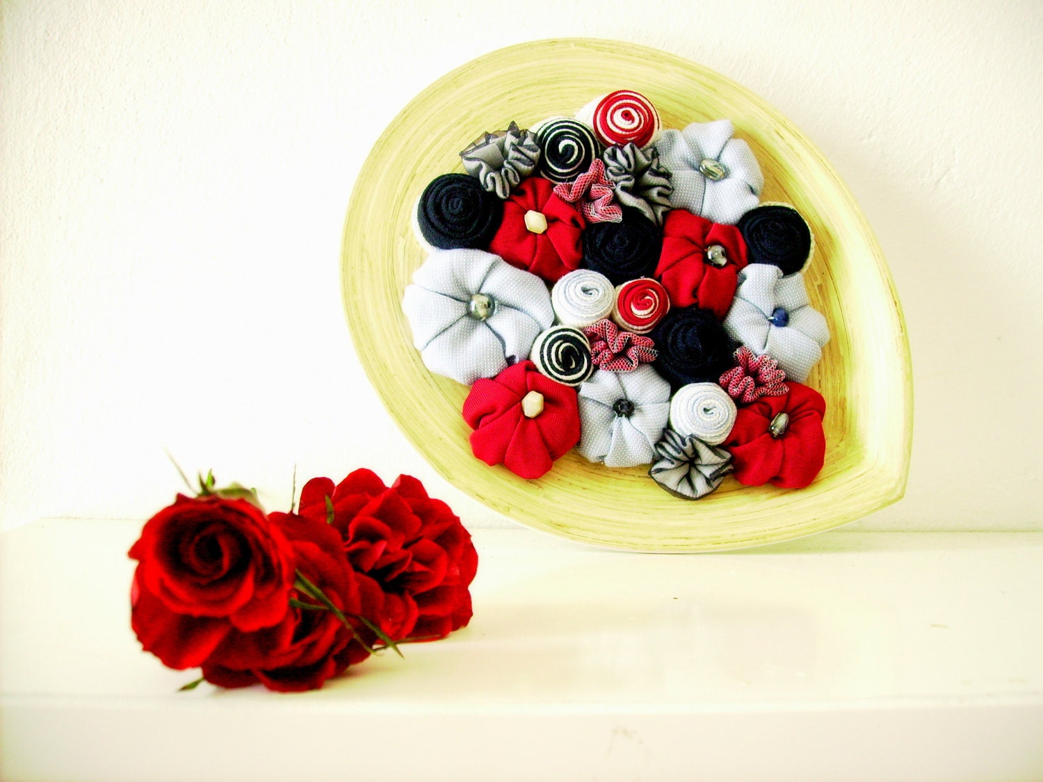 Red navy wooden centerpiece fabric flowers home decoration ornament - ready to ship