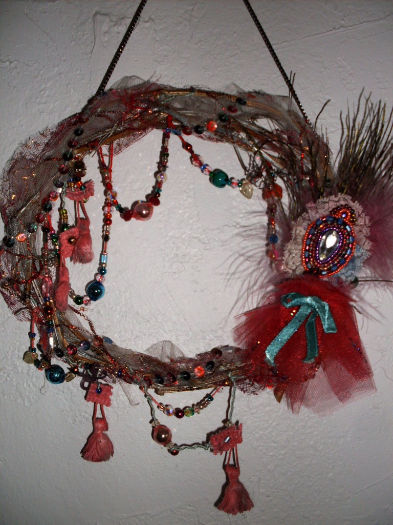 Unique Beaded Valentine Wreath  Vintage Old World Charm French Chic Circus Pink