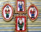Vintage Christmas Tree ornaments  hand painted Nut Cracker ornaments in gold frames nut cracker are raised up design