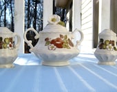 Vernon Ware made by Metlox  Fruit Basket number 95 Sugar Bowl and 2 Shakers made in Califonia