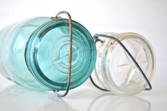 Ball aqua blue mason jar and Atlas brand clear jar EZ Seal