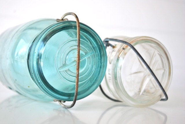 Ball aqua blue mason jar and Atlas brand clear jar EZ Seal