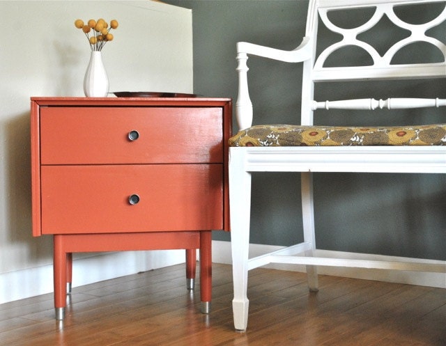 Mid century side table with drawers dark coral