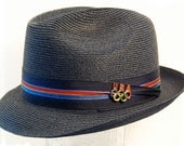 Navy Blue Bernie Utz Milan Straw Fedora 7 1/8