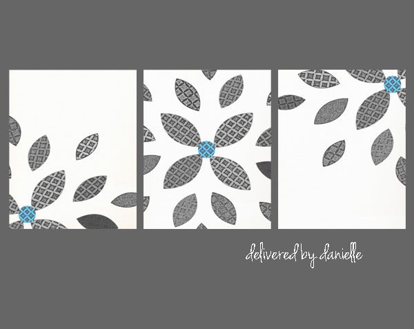 Flower Art Print Set - Blue and Gray - 8x10