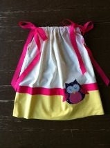 Girls owl dress. Yellow, pink, purple polka dot pillowcase dress & applique. Custom boutique children's clothing. By EverythingSorella.