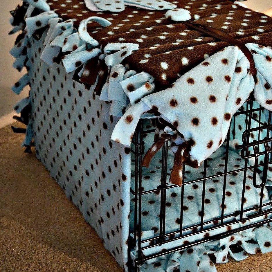 Fleece Dog Crate Cover in Hand Knotted BROWN and BLUE Polka Dot Fleece