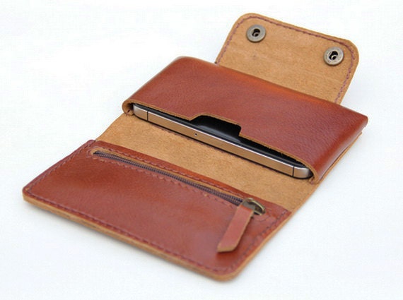Leather  iPhone wallet case in Tan Brown -  with zipper and card slot - BluePetalz