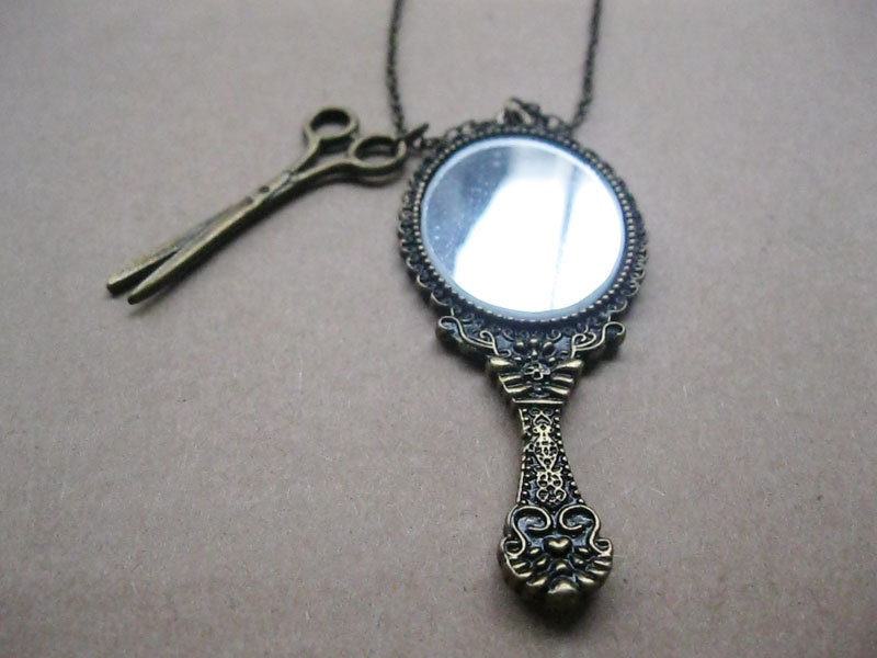 antique bronze mirror and scissors necklace(gift box package)---N157