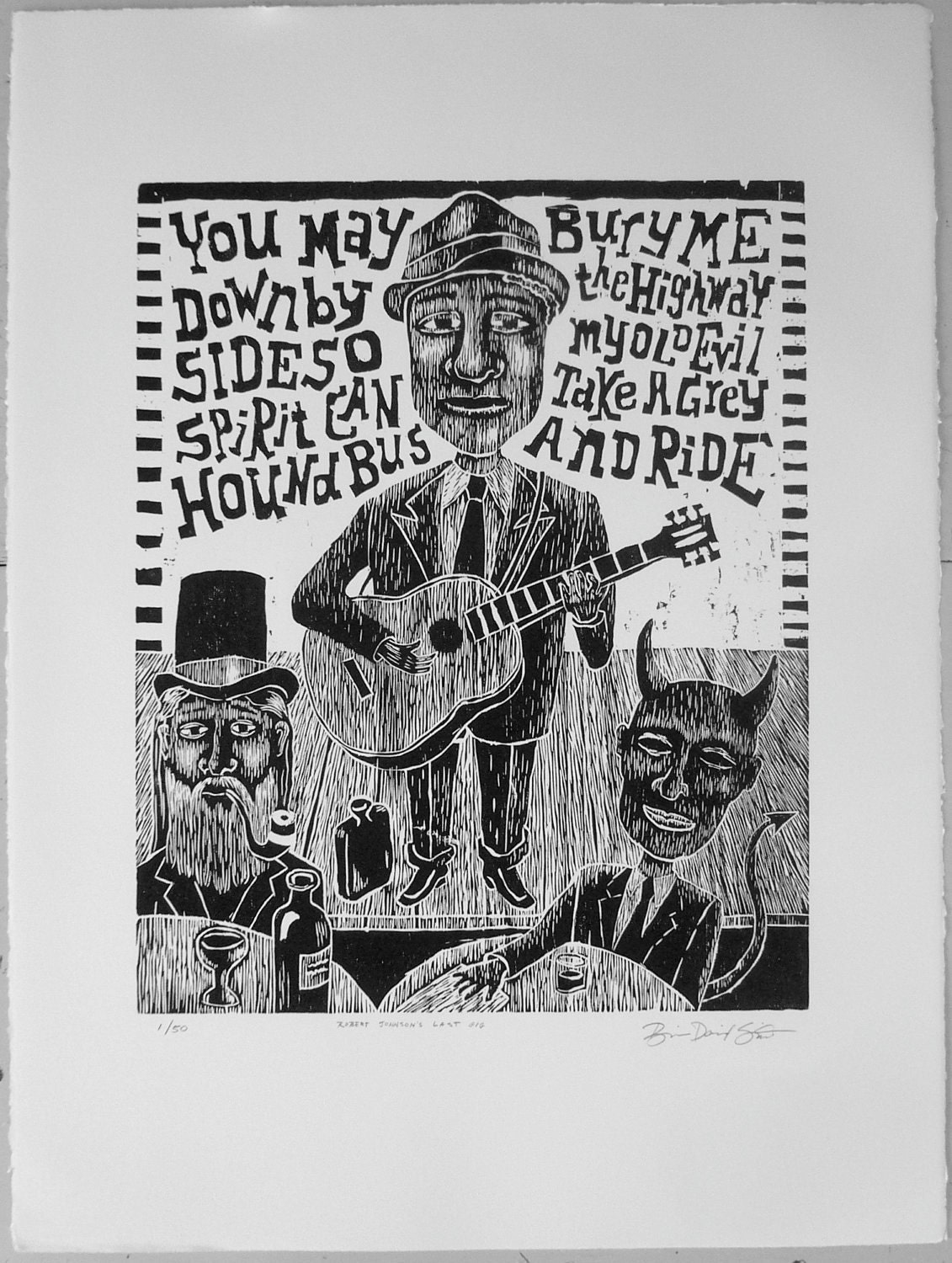 Robert Johnson's Last Gig, hand-printed, limited edition woodblock print by Brian D Smith