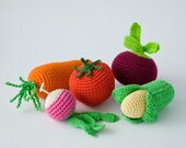 Crochet Baby Rattles Veggies, Set of 5 - beet, corn, radish,  tomato, carrot - ecofriendly crochet toys